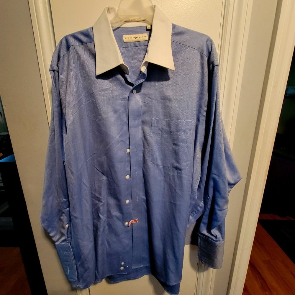 Joseph Abboud Men's Dress Shirt 17 32/33 blue herringbone pattern white collar
